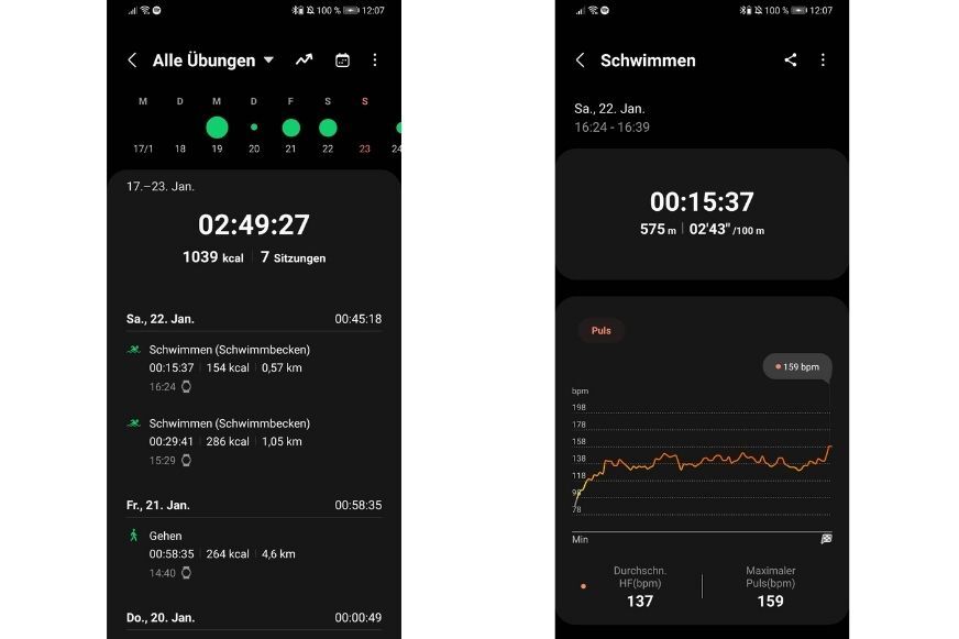 Man sieht die aufgezeichneten Trainingsdaten in der App. 
